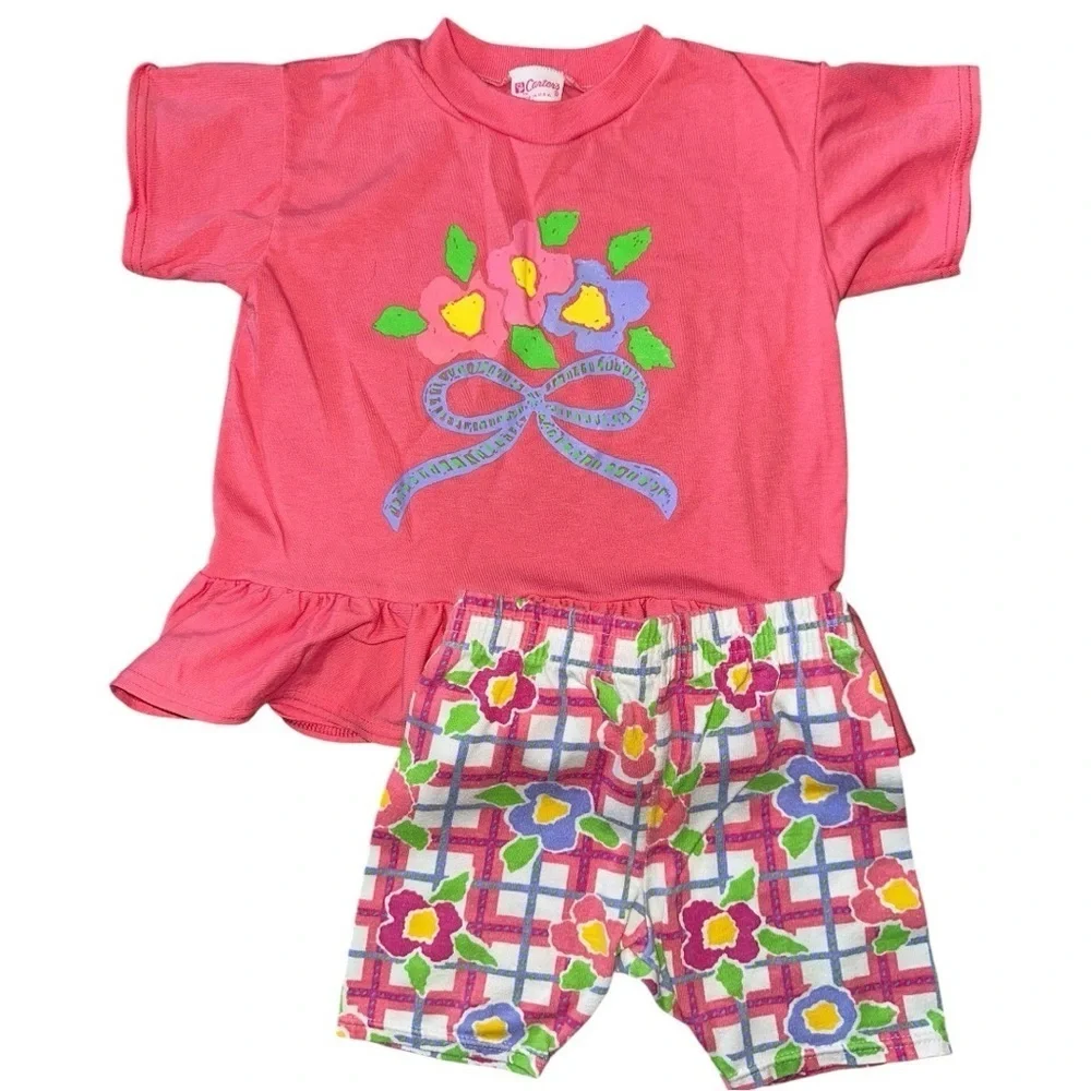 Carters Vintage Girls 3T Pink Floral Ruffle Hem T-Shirt Pull On Striped Shorts